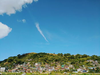 Townscape by mountain against sky