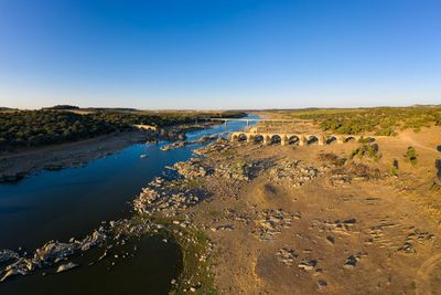 Scenic view of land against clear blue sky