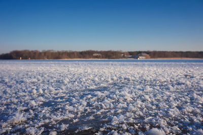 Snow covered field against clear blue sky