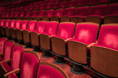 High angle view of empty chairs in stadium