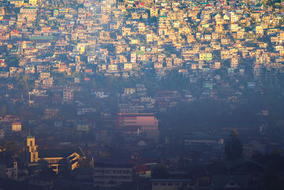 High angle view of residential buildings in city