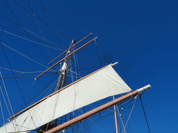 Low angle view of sailboat against clear blue sky