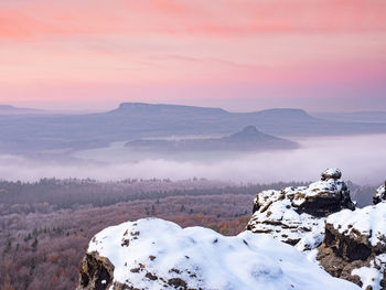 Scenic view of snow covered mountains against sky during sunset