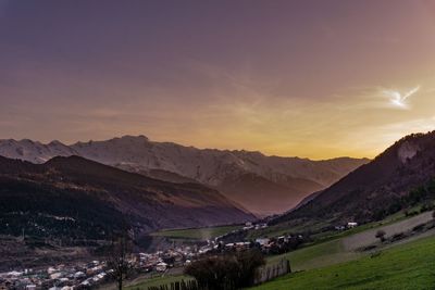 Scenic view of mountains against sky during sunset