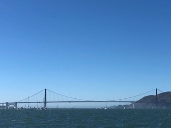 Suspension bridge over sea against clear blue sky