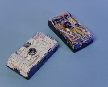 High angle view of audio equipment on table