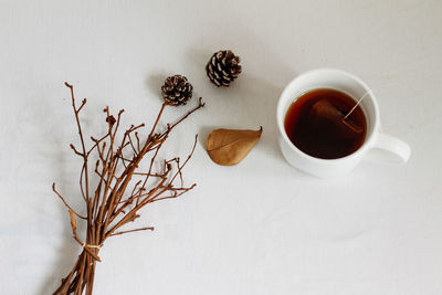 High angle view of coffee and tea on table