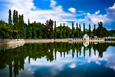 Reflection of trees and buildings in lake