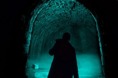 Rear view of man standing in cave