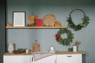 Grey kitchen interior and christmas kitchen decor at home