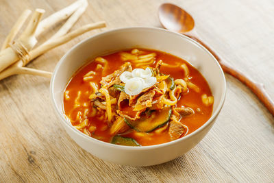 High angle view of soup in bowl on table