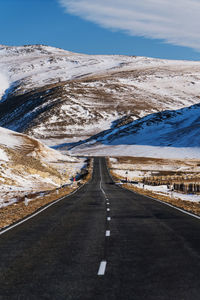 Road amidst snowcapped mountains against sky