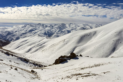 Scenic view of snow covered mountains against sky