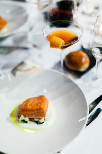 Close-up of breakfast served on table