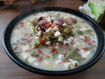 High angle view of meal served on table