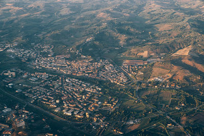 High angle view of illuminated buildings in city