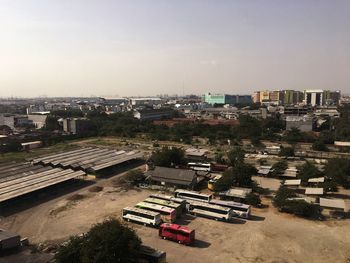 High angle view of buildings against sky