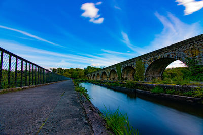 Arch bridge over river against blue sky