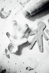 High angle view of footprints on snow covered field