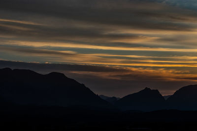 Scenic view of silhouette mountains against sky at sunset