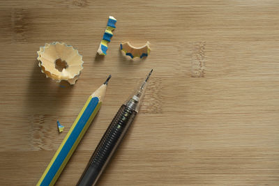 High angle view of colored pencils on table