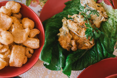 High angle view of seafood in plate on table