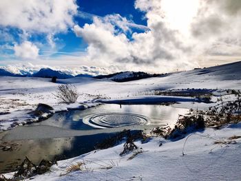 Scenic view of frozen lake against sky