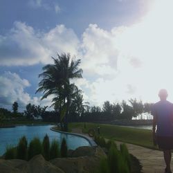 Rear view of woman by palm trees against sky