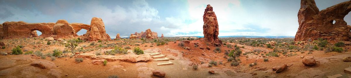Panoramic view desert landscape  work red rock formations 