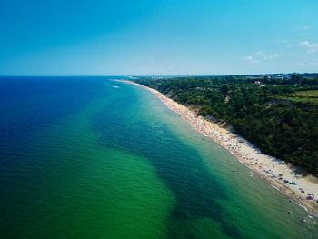 High angle view of sea against clear blue sky