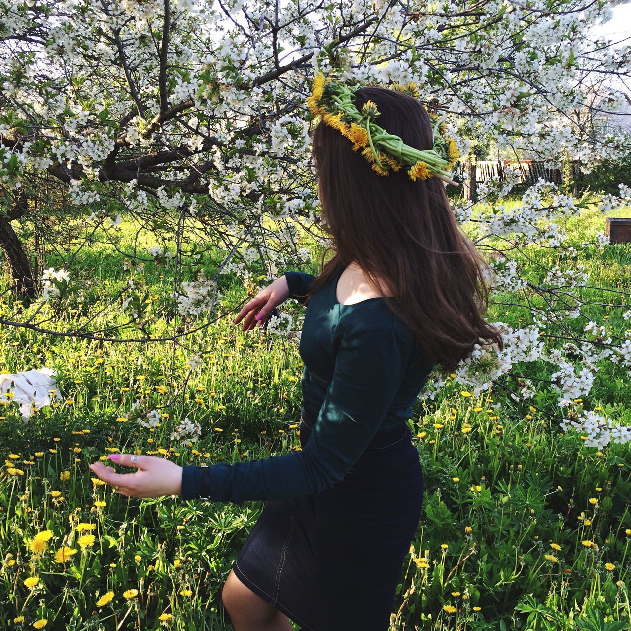 lifestyles, tree, leisure activity, rear view, long hair, casual clothing, standing, plant, young women, growth, young adult, person, three quarter length, nature, grass, field, waist up, flower