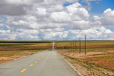 Empty road amidst field against sky