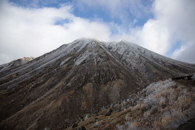 Low angle view of snowcapped mountain against sky