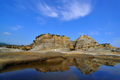 Reflection of mountain on water against blue sky