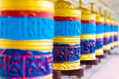 Close-up of multi colored candies on table