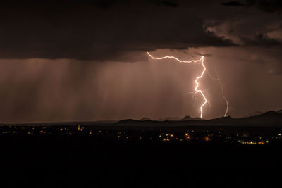 Illuminated cityscape against sky during thunderstorm