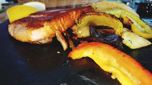 Close-up of meat on barbecue grill