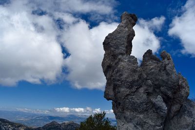 Low angle view of mountain against cloudy sky