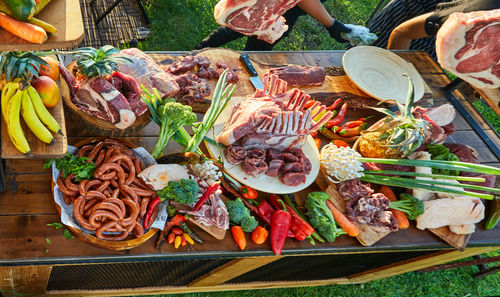 High angle view of seafood on barbecue grill