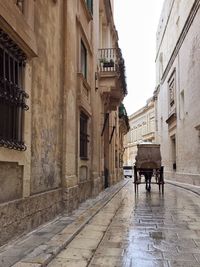 Horse cart in alley amidst buildings in city