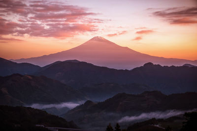 Scenic view of silhouette mountains against sky during sunset