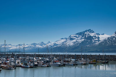 Scenic view of snowcapped mountains against clear blue sky