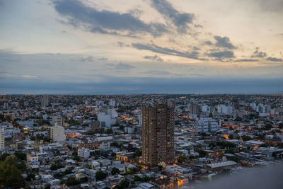 High angle view of city at dusk