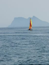 Sailboat in sea against clear sky