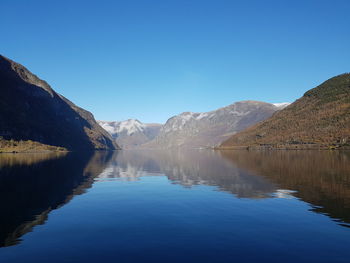 Scenic view of lake and mountains against clear blue sky