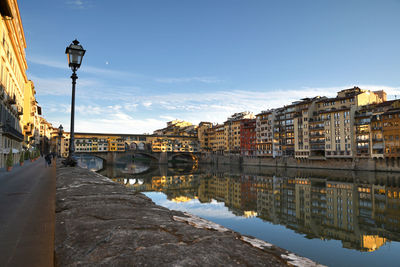 Bridge over river by buildings in city