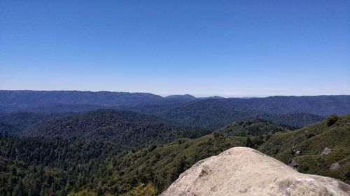 Scenic view of mountains against clear blue sky