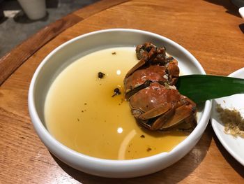 High angle view of soup in bowl on table