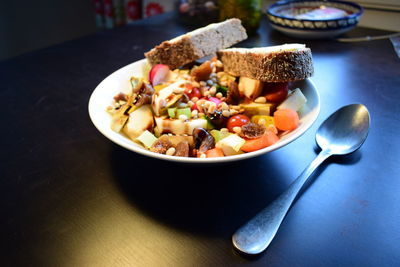 High angle view of food in bowl on table