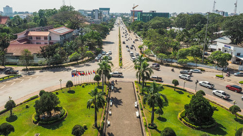 High angle view of street amidst buildings in city